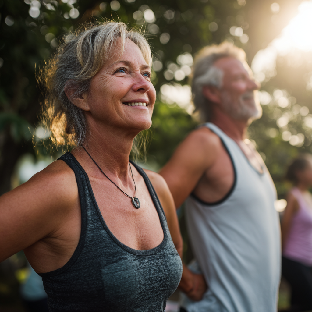 Mature adults exercising together in natural outdoor setting